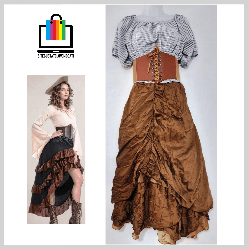 Disfraces-Piratas-Pirata Falda Cafe Blusa Cuadrille-1-min